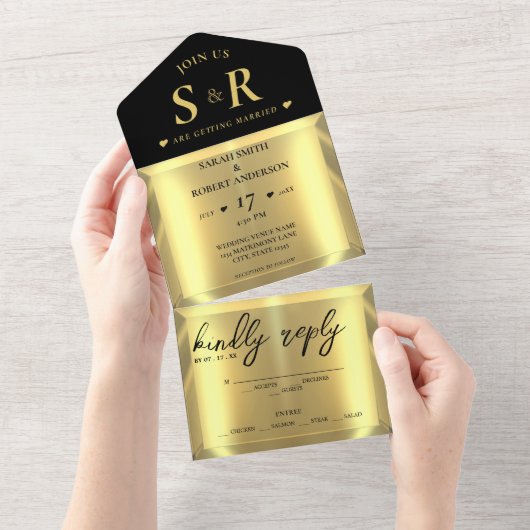 Gouden Bar Elegante Bruiloft All In One Uitnodiging (Afscheurbaar)