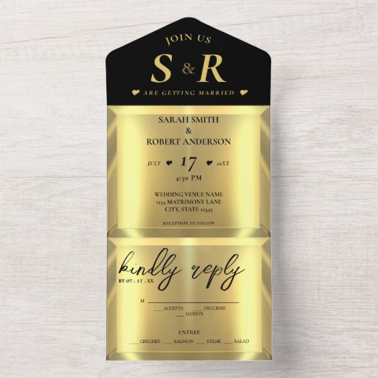 Gouden Bar Elegante Bruiloft All In One Uitnodiging (Binnen)