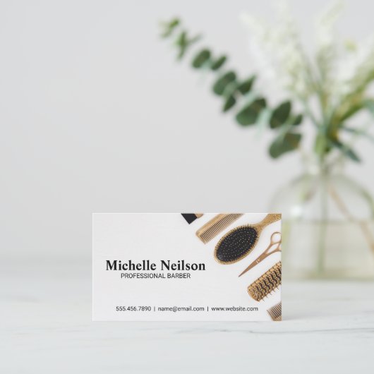 Gouden Barbier Gereedschap Visitekaartje (Staand voorkant)