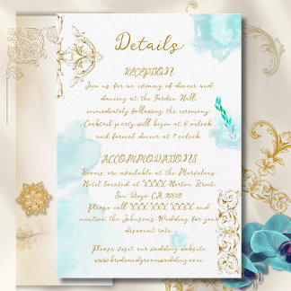 Gouden Barok Blauwgroen  Calligrafie Wedding Informatiekaartje