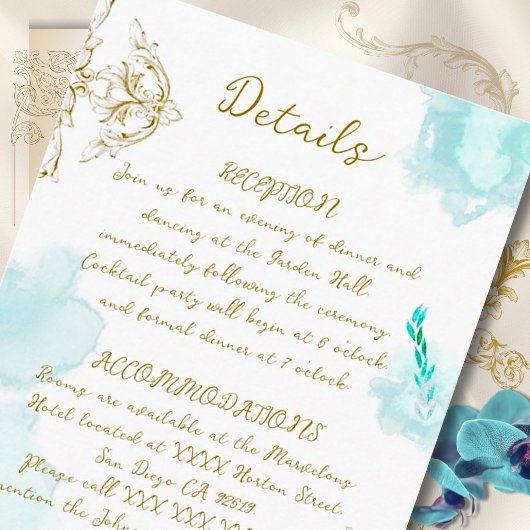 Gouden Barok Blauwgroen  Calligrafie Wedding Informatiekaartje