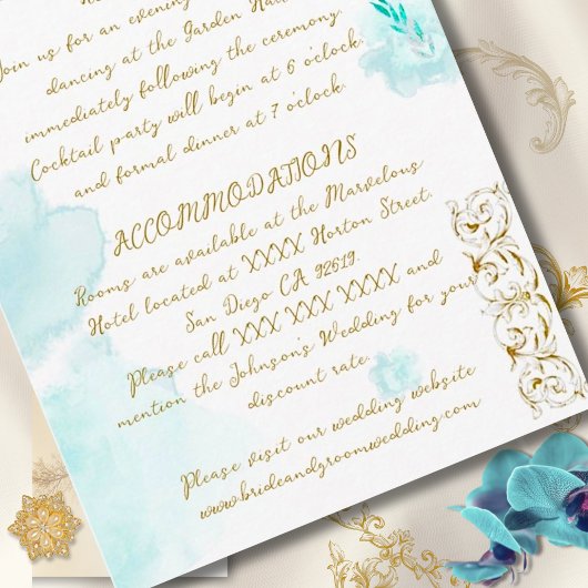 Gouden Barok Blauwgroen  Calligrafie Wedding Informatiekaartje