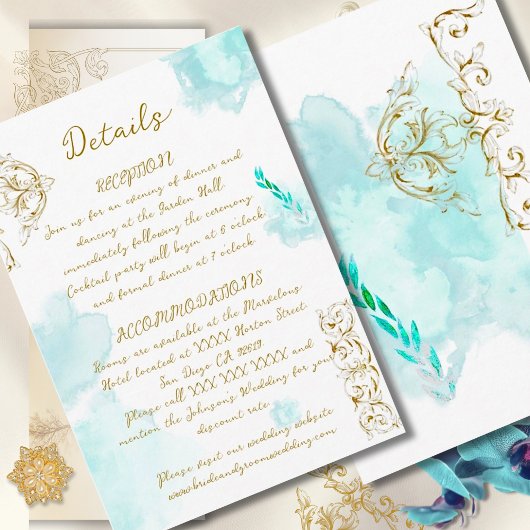 Gouden Barok Blauwgroen  Calligrafie Wedding Informatiekaartje