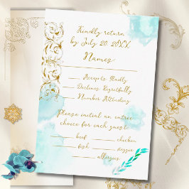 Gouden Barok Blauwgroen  Calligrafie Wedding RSVP Kaartje