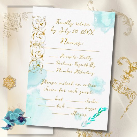 Gouden Barok Blauwgroen  Calligrafie Wedding RSVP Kaartje
