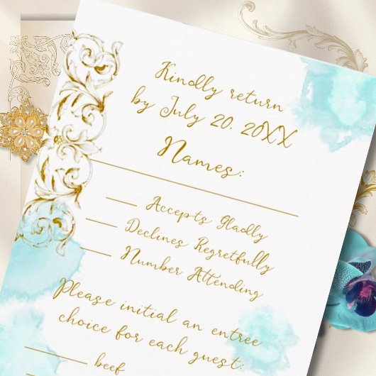 Gouden Barok Blauwgroen  Calligrafie Wedding RSVP Kaartje