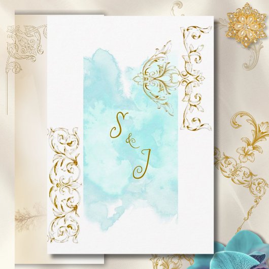 Gouden Barok Blauwgroen  Calligrafie Wedding RSVP Kaartje
