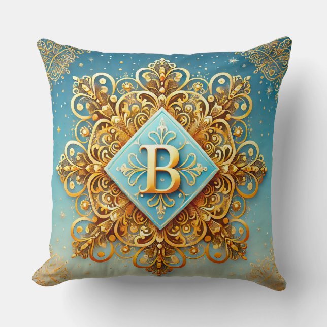 Gouden Barok Letter B Blauwe Monogram Stijl ✨ Kussen (Voorkant)