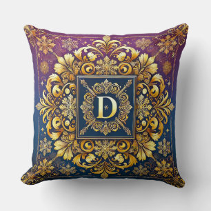 Gouden Barok Letter D Blauwe Monogram Elegantie ✨ Kussen