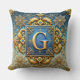 Gouden Barok Letter G Blauwe Monogram Stijl ✨ Kussen