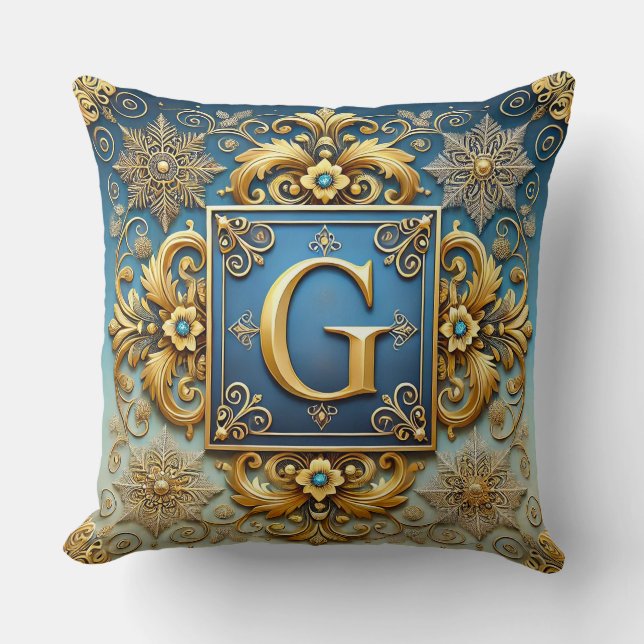 Gouden Barok Letter G Blauwe Monogram Stijl ✨ Kussen (Voorkant)