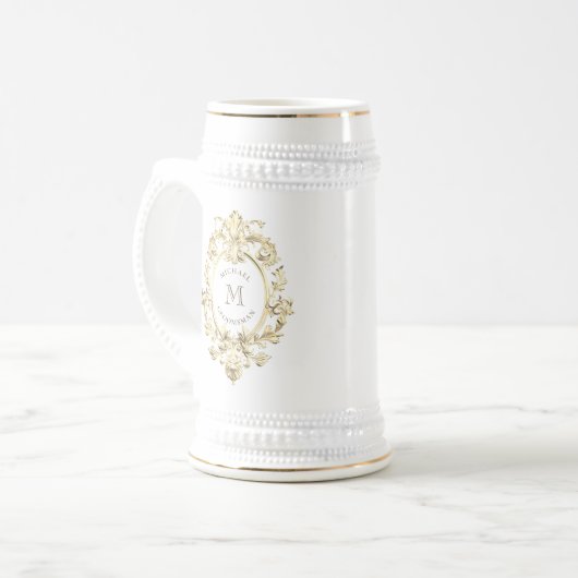 Gouden Barok Monogram Groomsmen Bierpul (Voorkant links)