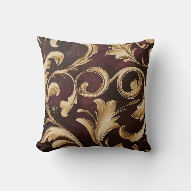 Gouden Barok Scroll op Bourgondië Kussen (Voorkant)
