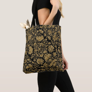 Gouden barokke bloemmotief op zwart tote bag