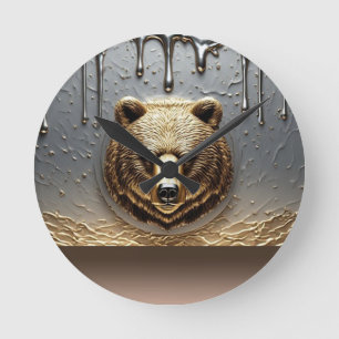 Gouden Beerreliëf Met Metaal Drip Effect 🐻 Ronde Klok