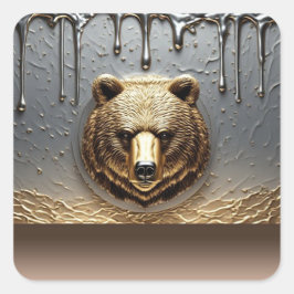 Gouden Beerreliëf Met Metaal Drip Effect 🐻 Vierkante Sticker
