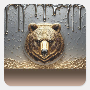 Gouden Beerreliëf Met Metaal Drip Effect 🐻 Vierkante Sticker