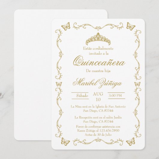 Gouden beige met krans Quinceanera uitnodiging (Voorkant / Achterkant)
