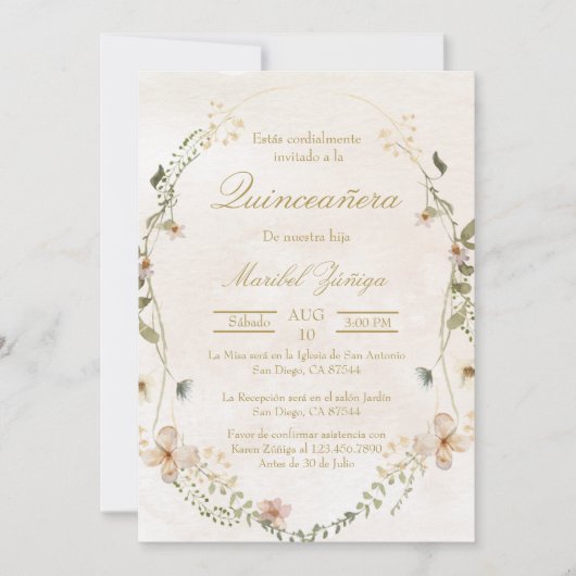 Gouden beige met krans Quinceanera uitnodiging (Voorkant)
