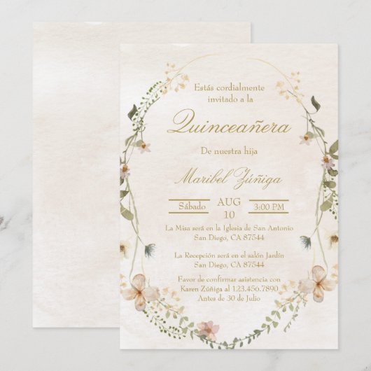 Gouden beige met krans Quinceanera uitnodiging (Voorkant / Achterkant)