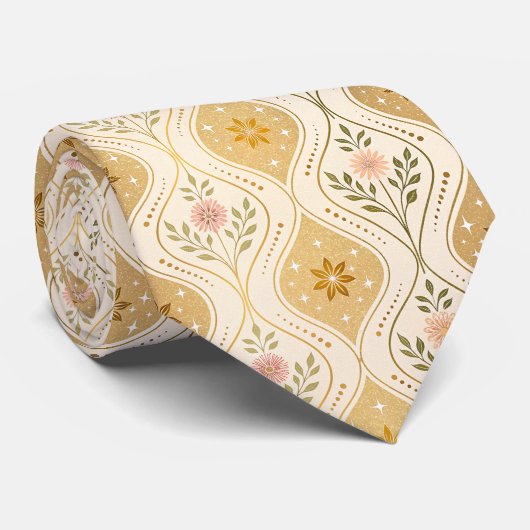 Gouden Beige Retro Bloem Mid-Century Stropdas (Opgerold)