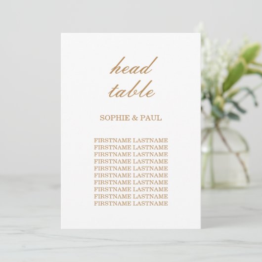 Gouden Beige Script Stoelindeling Hoofdtafelkaart (Staand voorkant)