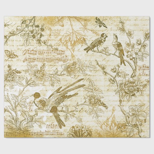 gouden beige vogeltjes bloeien Frans script Cadeaupapier (Vlak)