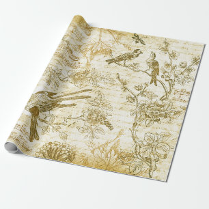 gouden beige vogeltjes bloeien Frans script Cadeaupapier