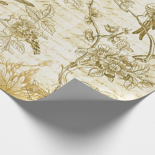  gouden beige vogeltjes bloeien Frans script Cadeaupapier (Hoek)