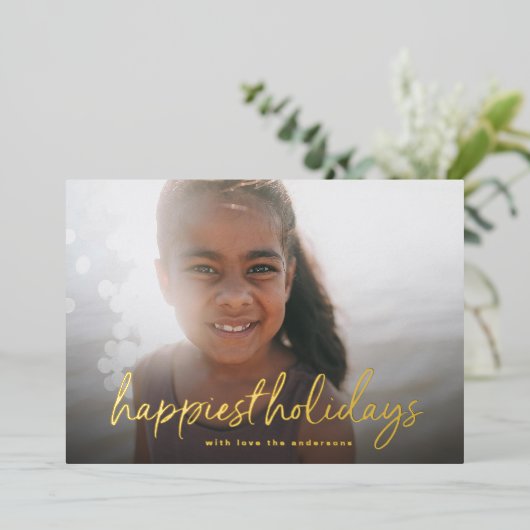 Gouden belettering | Foto Gelukkigste Kerstmis Folie Feestdagenkaart (Staand Voorkant)