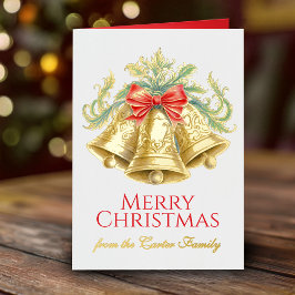 Gouden belletjes en rode strik waterverf Kerstmis Folie Wenskaart