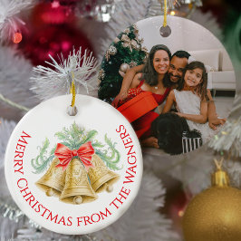 Gouden belletjes waterverf rode strik Kerst foto Keramisch Ornament