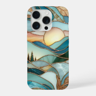 Gouden Bergtoppen Bos Glas-in-Lood Kunst iPhone 15 Pro Case