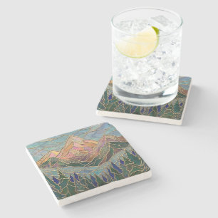 Gouden bergtoppen bos glas-in-loodkunst stenen onderzetter