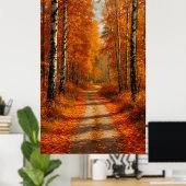 Gouden berkenbospad in zacht herfstlicht poster (Thuiskantoor)