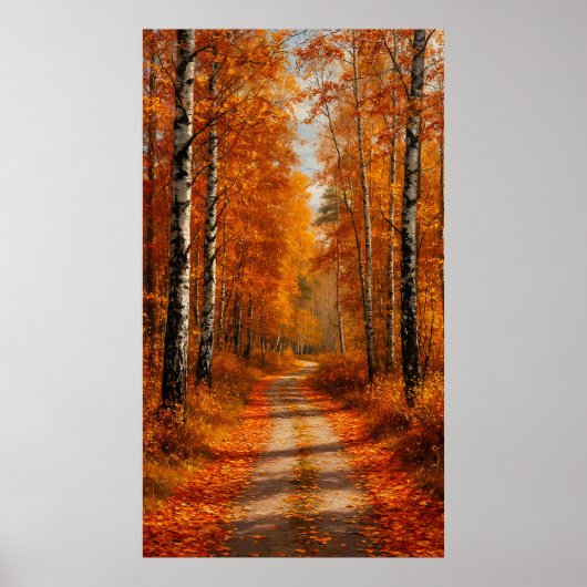 Gouden berkenbospad in zacht herfstlicht poster (Voorkant)