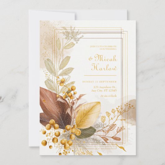 Gouden Bes Sienna Blad Botanische Bruiloft Kaart (Voorkant)