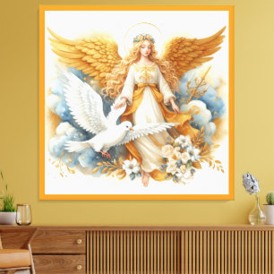 Gouden Beschermengel met Witte Vogel Canvas Afdruk