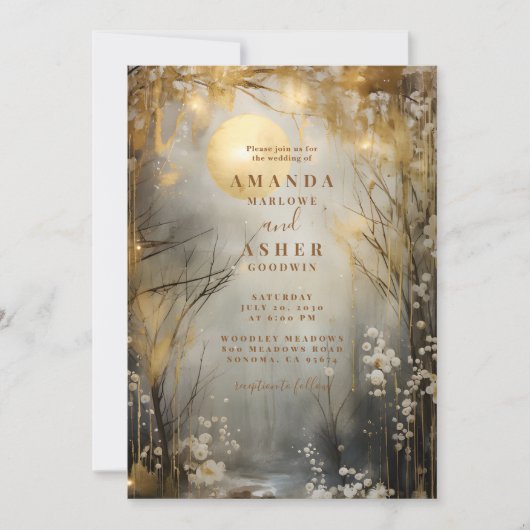 Gouden betoverde maan bos bruiloft kaart (Voorkant)