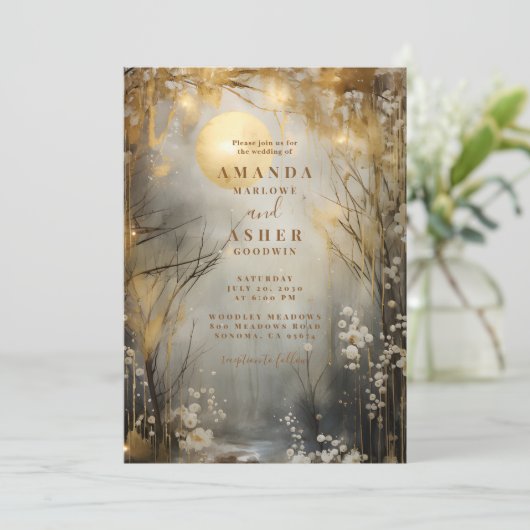 Gouden betoverde maan bos bruiloft kaart (Staand voorkant)