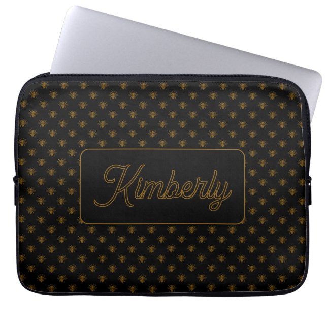 Gouden Bij Aangepaste Naam Monogram Ontwerp Laptop Sleeve (Voorkant)