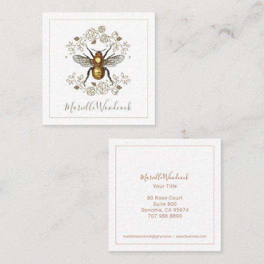 Gouden bij en Roos bloemlaurier Vierkante Visitekaartje (Voorkant / Achterkant)