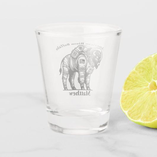 Gouden bizon in astronautenpak dat de ruimte verke shot glas (Achterkant)