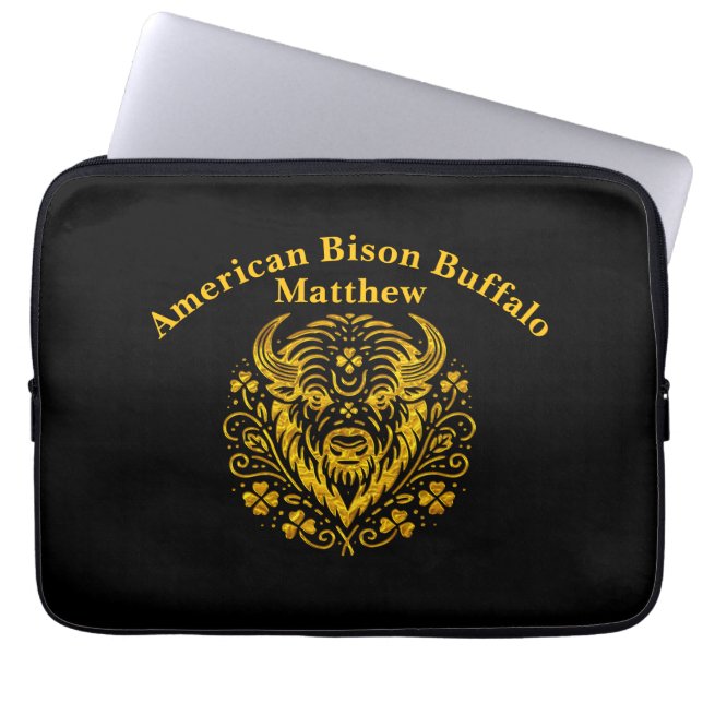 Gouden bizon met bloemenontwerp laptop sleeve (Voorkant)