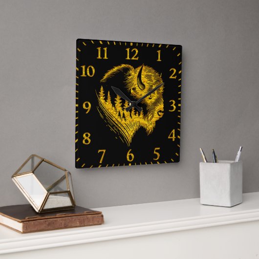 Gouden bizon portret met bos silhouet ontwerp vierkante klok (Kantoor)