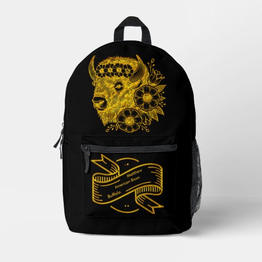 Gouden bizon versierd met bloemen en bladeren bedrukte rugzak (Voorkant)