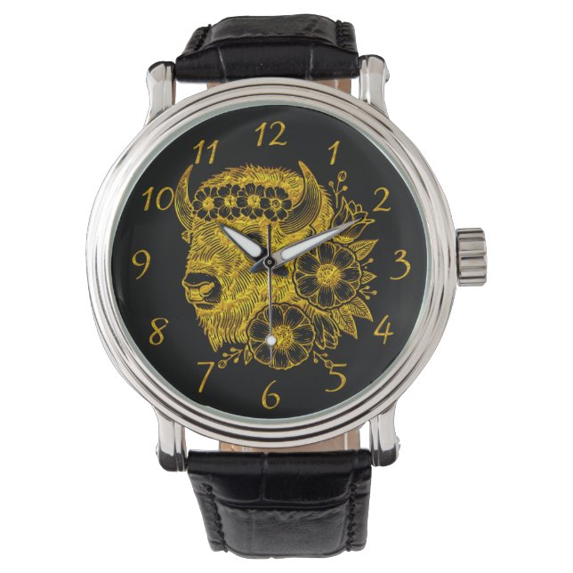 Gouden bizon versierd met bloemen en bladeren horloge (Voorkant)