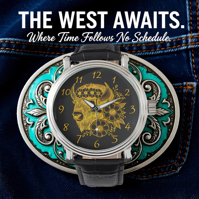 Gouden bizon versierd met bloemen en bladeren horloge (Creator heeft geüpload)