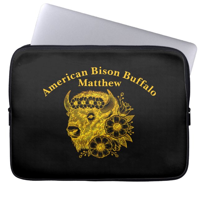Gouden bizon versierd met bloemen en bladeren laptop sleeve (Voorkant)