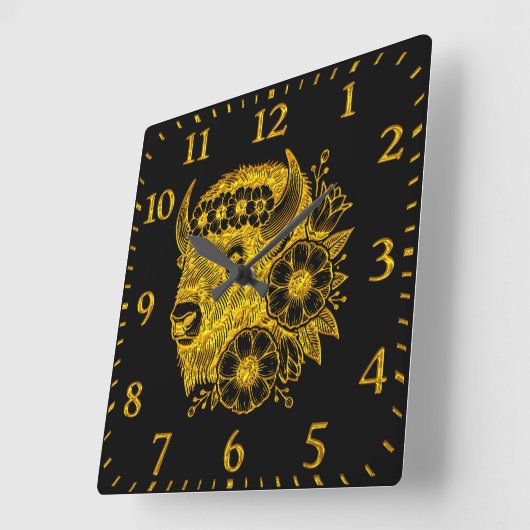 Gouden bizon versierd met bloemen en bladeren vierkante klok (Hoek)